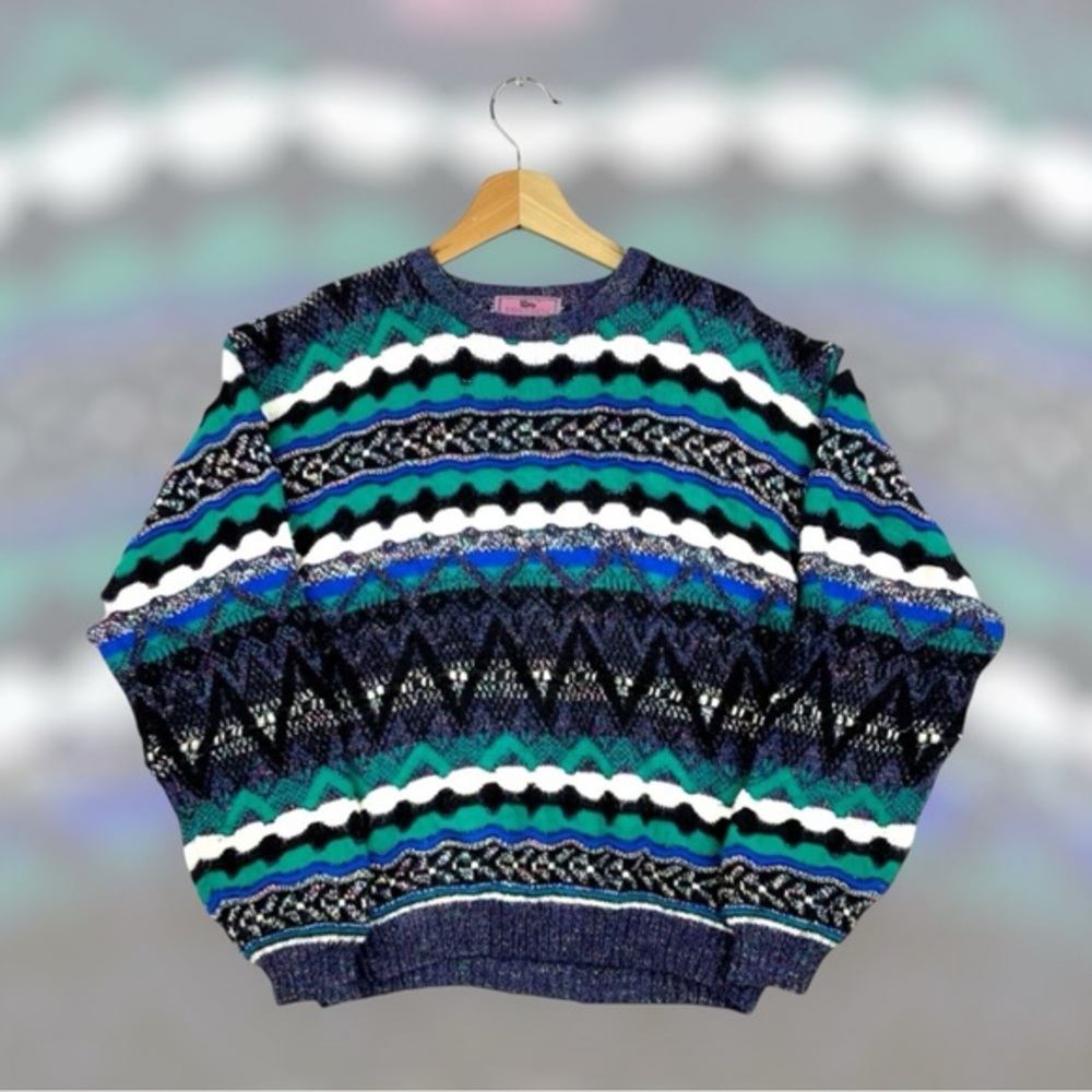 Vintage 90s Concrete Mix Sweater XL Cosby Style Geometric Abstract Knit Pullover